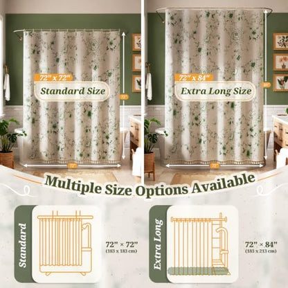 Vintage Green Floral Shower Curtain with 12 Clear Rings - 72" W x 84" L