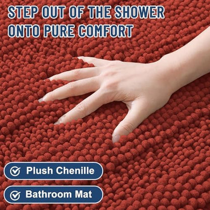 Grandaily Chenille Striped Bathroom Rugs 44x24, Extra Thick and Soft Absorbent Bath Mats, Rubber Backing, Plush Shaggy Shower Carpet, Machine Wash Dry, Bath Rug for Bathroom, Rustic Terracotta