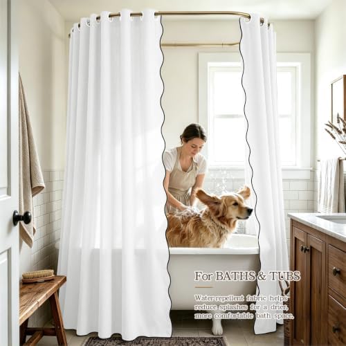 Furlinic Scalloped Shower Curtain 72x78 White No Hook Boho Linen Waterproof