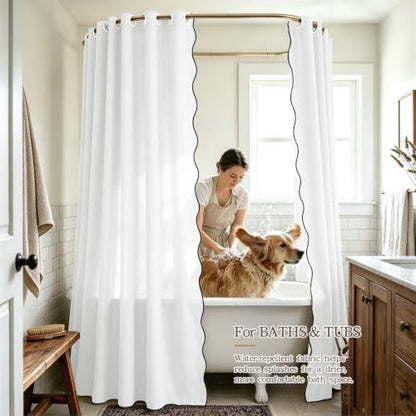 Furlinic Scalloped Shower Curtain 72x78 White No Hook Boho Linen Waterproof