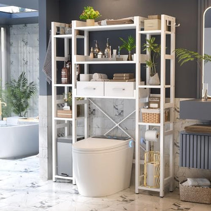 Besiost Over The Toilet Storage, 11 Tier Bathroom Organizer with Dual Side Racks and 2 Fabric Drawers, Adjustable Freestanding Rack Space Saver for Small Spaces, White
