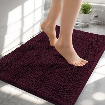 OLANLY Thick Small Bathroom Rugs 24x16, Chenille Bath Rugs, Black Cherry