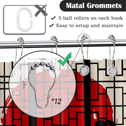 Japanese Shower Curtain Japan Anime Asian Black and Red Shower Curtains for Manly Bathroom Decor Sets, Waterproof Cloth Fabric with Hooks, 70x96 Inch