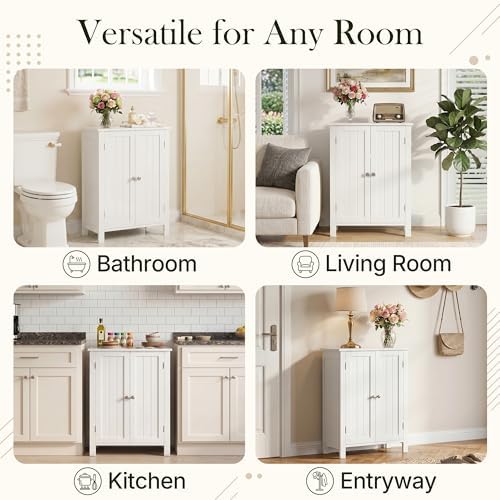 ZENY Bathroom Floor Storage Cabinet with Double Door + Adjustable Shelf, Wooden Organizer Cabinet for Living Room, Bathroom, Bedroom, Modern Home Furniture (White)