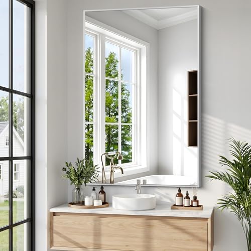 BONEWEI Silver Bathroom Mirror,30x42 inch Wall Mirror for Bathroom Wall Mounted,Rectangle Mirror for Bathroom Over Sink,Modern Metal Frame for Living Room,Bedroom Entryway,Horizontal/Vertical