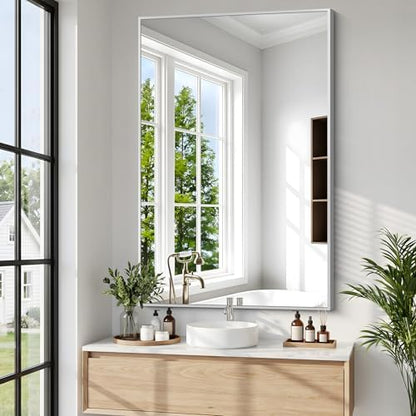 BONEWEI Silver Bathroom Mirror,30x42 inch Wall Mirror for Bathroom Wall Mounted,Rectangle Mirror for Bathroom Over Sink,Modern Metal Frame for Living Room,Bedroom Entryway,Horizontal/Vertical