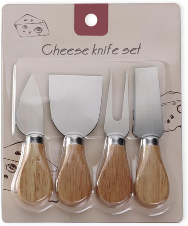 Linwnil 4-Piece Set of Stainless Steel Cheese Knives with Wood Hand, Including Cheese Slicer and Cheese Cutters, Essential Cheese Tools for the Kitchen (Oak handle, Silver)