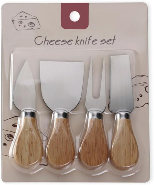 Linwnil 4-Piece Set of Stainless Steel Cheese Knives with Wood Hand, Including Cheese Slicer and Cheese Cutters, Essential Cheese Tools for the Kitchen (Oak handle, Silver)