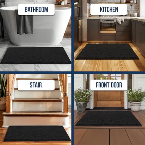 Muddy Mat® | Chenille Bathroom Rugs Quick Dry Microfiber Mats Non Slip Washable, Extra Thick, Soft and Highly Absorbent Bath Mats for Bathroom, Kitchen, and Shower Floor - Black 24"x35"