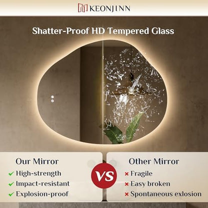 Keonjinn Asymmetrical LED Bathroom Mirror 30 x 36 Inch, HD Tempered Glass
