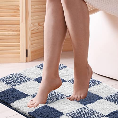 CozeCube Navy Blue Checkered Bath Mat 32"x20" Non Slip Washable Rug