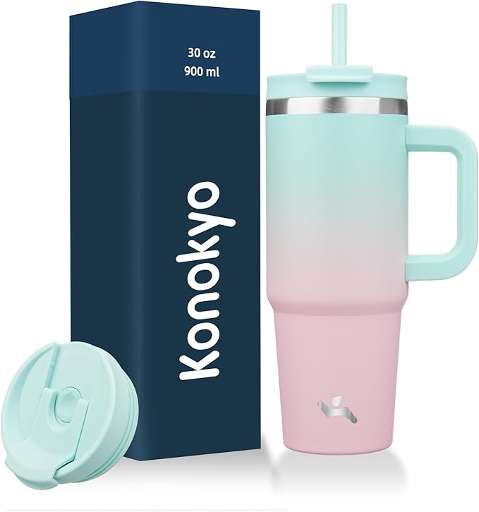 Konokyo 30 oz Tumbler with Handle and 2 Straws,2 in 1 Lid Insulated Water Bottle Stainless Steel Travel Coffee Mug,Gum