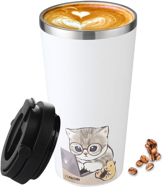 Funkrin Coffee Travel Mug with Flip Lid, 16oz Insulated Tumbler Cup with Ceramic Coating, Double Wall Vacuum Leak-Proof Tumbler for Office School Party Camping