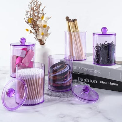 6 Pcs Acrylic Qtip Holder, Cotton Ball Holder Jars with Lids, Purple
