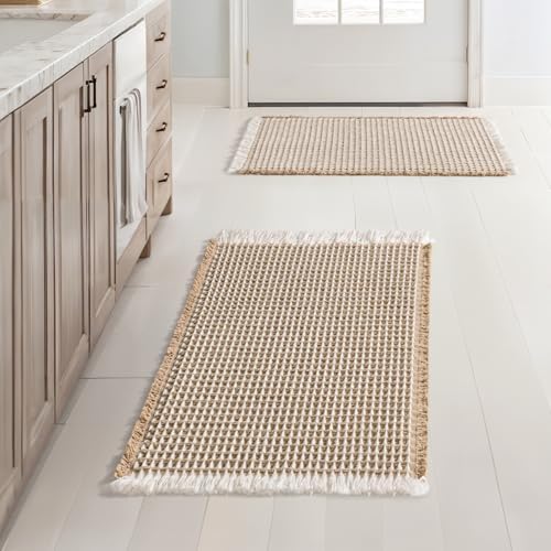 MIULEE Set of 2 Waffle Bathroom Rugs Boho Bath Mat Brown&White 17x24 Inch