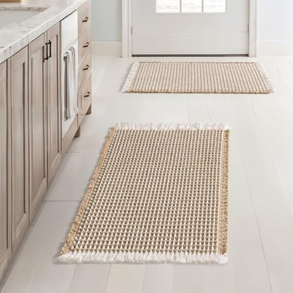MIULEE Set of 2 Waffle Bathroom Rugs Boho Bath Mat Brown&White 17x24 Inch