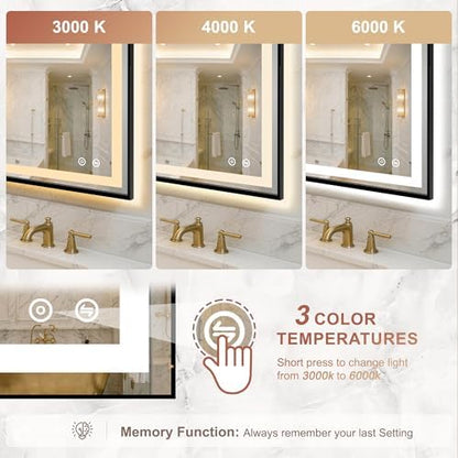 LED Bathroom Mirror with Lights, 24"x36" Black Framed Lighted Vanity Mirror