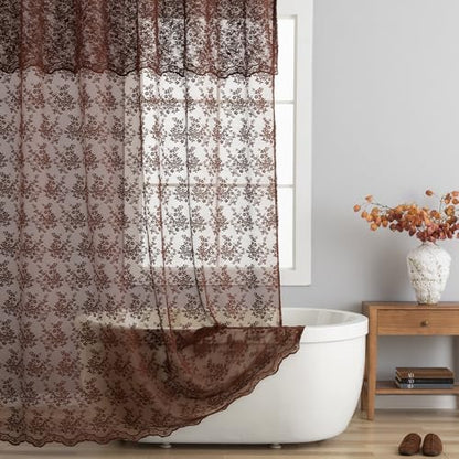 TUDECO Lace Brown Shower Curtain with Attached Valance, 72 x 72 Inch
