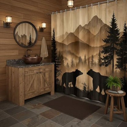 Bear Shower Curtain, Rustic Cabin Forest Shower Curtain Brown Wooden Print Wildlife Country Bath Curtains with Hooks, Hunting Camping Waterproof Polyester Fabric Bathroom Decor Accessories,47X70IN