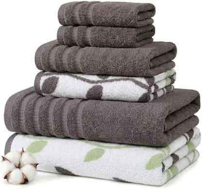Modern Threads 6 Piece Bath Towel Set – Bathroom Set with 2 Bath Towels, 2 Hand Towels, and 2 Wash Cloths – 100% Cotton, Super Absorbent & Extra Soft – Reversible Natural Vine (Gray)