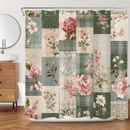 Boho Floral Shower Curtain Vintage Patchwork Rose Flower and Leaf Plant Design Polyester Fabric Farmhouse Cottage Decor Bathroom Curtains, 72W X 78L inches