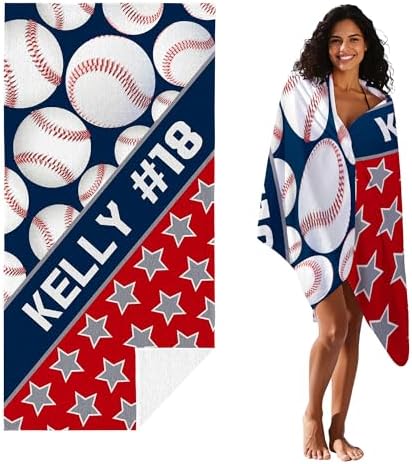 Personalized Beach Towel With Name, Custom Beach Towel with Text, Customized Microfiber Pool Towel, Quick Dry & Absorbent Swim Towel for Adult,Anniversary, Birthday, Summer Holiday,Vacation,Baseball