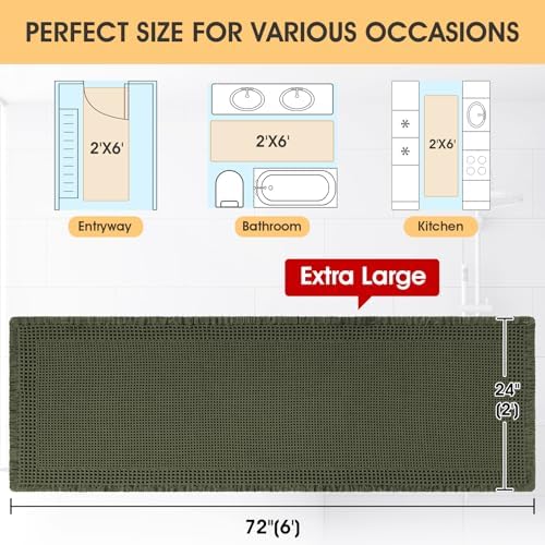 Extra Large Waffle Bath Mat, Boho Woven Modern Bath Rug Absorbent Non Slip, Ultra Soft Bathroom Mats, Machine Washable Knit Bath Rugs with Border for Bathroom, Bedroom, Kitchen, 6'x2', Dark Green