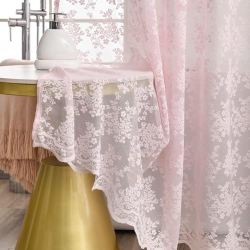 Pink Lace Shower Curtain 72x84, Cute Girly Extra Long with Attached Valance