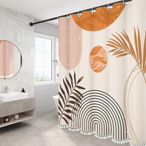 Boho Mid Century Leaf Shower Curtain Set,Arch Sun Design,Minimalistic Leaves Pattern,Waterproof and Luxurious Fabric-12 Hooks(Orange-72" x 84")