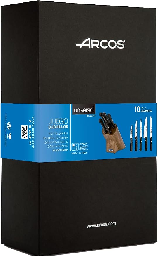 ARCOS Knife Set 5 pieces Nitrum Stainless Steel. Greater cutting power. Pine Wood Block. Ergonomic Polyoxymethylene POM Handle. Series Universal. Greater control. Color Black