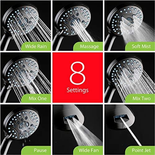 Hotel Spa AquaCare High Pressure 8-mode Handheld Shower Head, Anti-clog Nozzles - Built-in Power Wash to Clean Tub, Tile & Pets, Extra Long 6 ft. Stainless Steel Hose, Wall & Overhead Brackets
