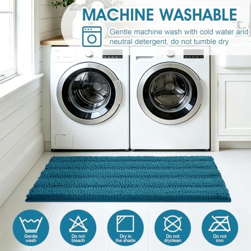 ACCUMTEK Comfydew Striped Teal Blue Bathroom Rug Set 3 Pieces Ultra Soft, Non Slip Chenille Toilet Mat, Absorbent Plush Shaggy Bath Mats for Bathroom, Bedroom, Kitchen