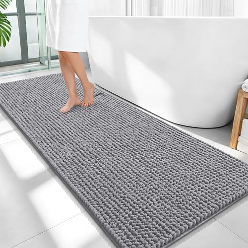 OLANLY Thick Chenille Bathroom Runner Rugs 59x24, Absorbent Bath Mat, Grey