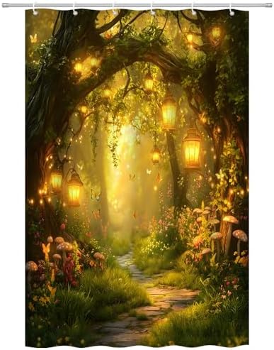 Fantasy Forest Path Shower Curtain Yellow Fairy Magical Enchanted Misty Jungle Mushroom Floral Tree Butterfly Lantern Wonderland Bath Curtain Fabric Bathroom Accessories Decor with Hooks 47W x70L
