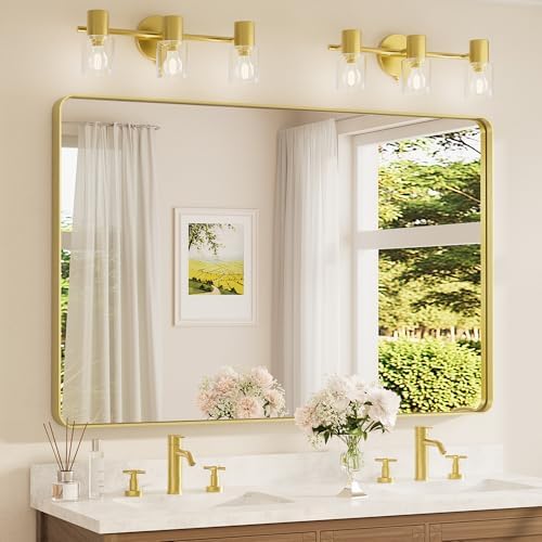 TETOTE 55 x 36 Inch Bathroom Mirror, Brushed Brass Gold Vanity Mirror, Modern Rectangle Metal Frame Decorative Wall Mirror for Entryway Shatterproof (Horizontal/Vertical)