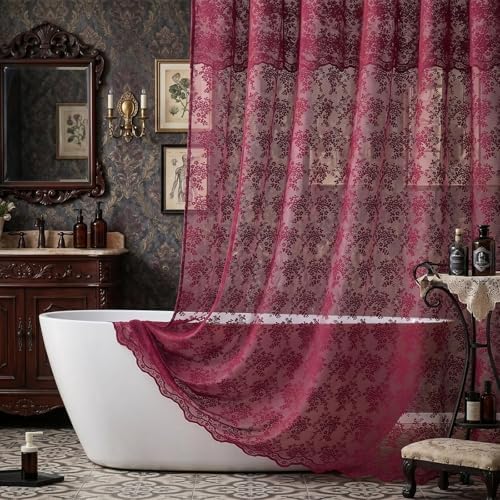 Burgundy Lace Shower Curtain 72x84, 84 Inches Long with Attached Valance