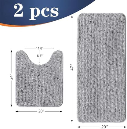 OLANLY Chenille Bathroom Rugs Mats Set 2 Piece, 47"x20"+24"x20", Light Grey