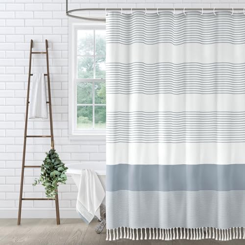 Blue Coastal Ocean Cotton Striped Shower Curtain with Tassel 72"W X 84"L