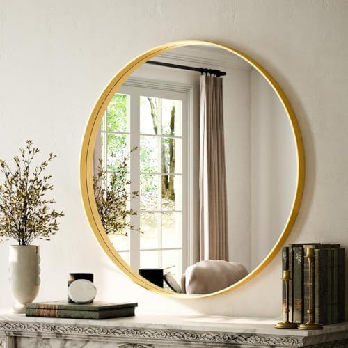 VooBang Round Bathroom Mirror 32 inch, Gold Gorgeous Deep Frame Modern Circle Wall Vanity Mirror for Bedroom, Living Room, Hanging or Leaning, Gold