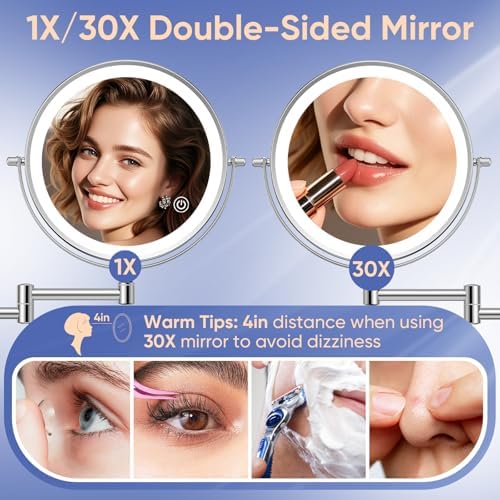FUNTOUCH 9" Rechargeable Wall Mounted Makeup Mirror with Lights 1X/30X