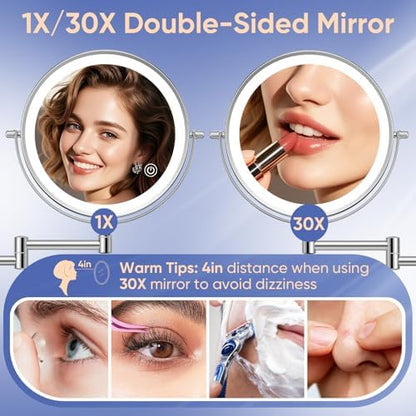 FUNTOUCH 9" Rechargeable Wall Mounted Makeup Mirror with Lights 1X/30X