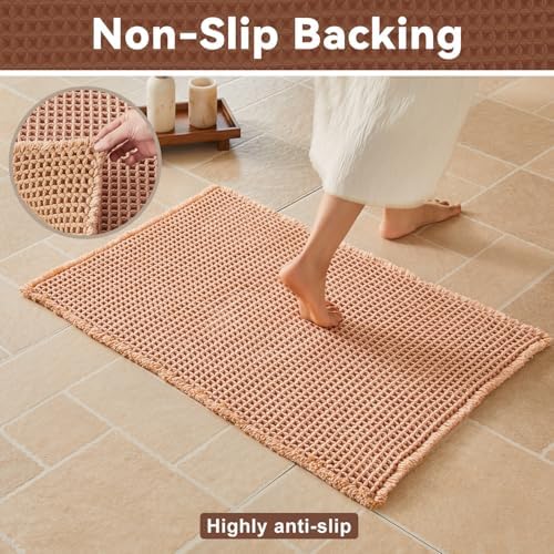 Triohero Waffle Bath Mat, Boho Bathroom Rugs Non Slip, 24x36 Light Peachy