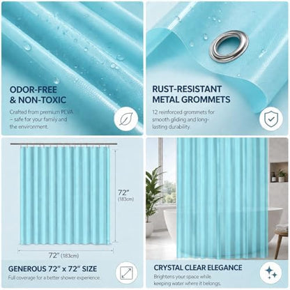 EHZNZIE Aqua Shower Curtain Liner 72x72, PEVA Waterproof Bath Curtain, No Chemical Smell, 3 Weighted Magnets, Durable with Rustproof Metal Grommets
