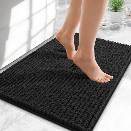 OLANLY Thick Chenille Small Bathroom Rugs 24x16, Absorbent Bath Mat, Black