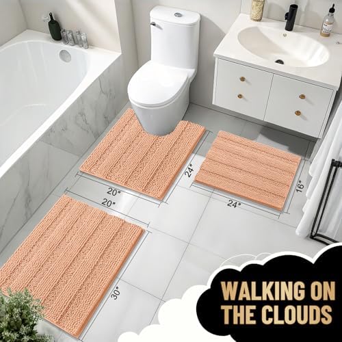 OLANLY Thick Bathroom Rugs 30x20, Soft Chenille Striped Bath Rugs, Peach