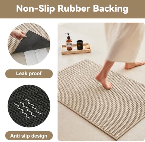 Triohero Small Bathroom Rugs Non Slip Washable Bath Rugs Super Absorbent Bathroom Rug Thin Quick Dry Low Pile Bath Mats, Beige 12x12
