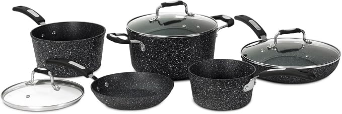 Starfrit The Rock Terra Ceramic Non-Stick Cookware Set, 8-Piece, Chemical-Free, Oven and Dishwasher Safe, with Saucepans, Stockpot, and Fry Pans, Black Marble