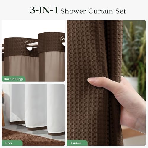 Dynamene Brown Hook Free Waffle Shower Curtain & Snap-in Fabric Liner,72x87