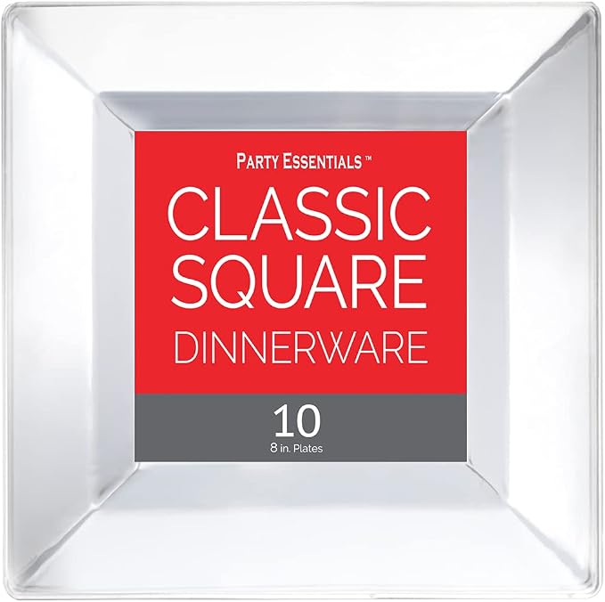 Party Essentials Party Supplies Disposable Classic Square Plastic Plates For Wedding/All Occasions, 8", 10-Count, Clear
