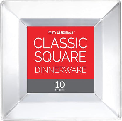 Party Essentials Party Supplies Disposable Classic Square Plastic Plates For Wedding/All Occasions, 8", 10-Count, Clear